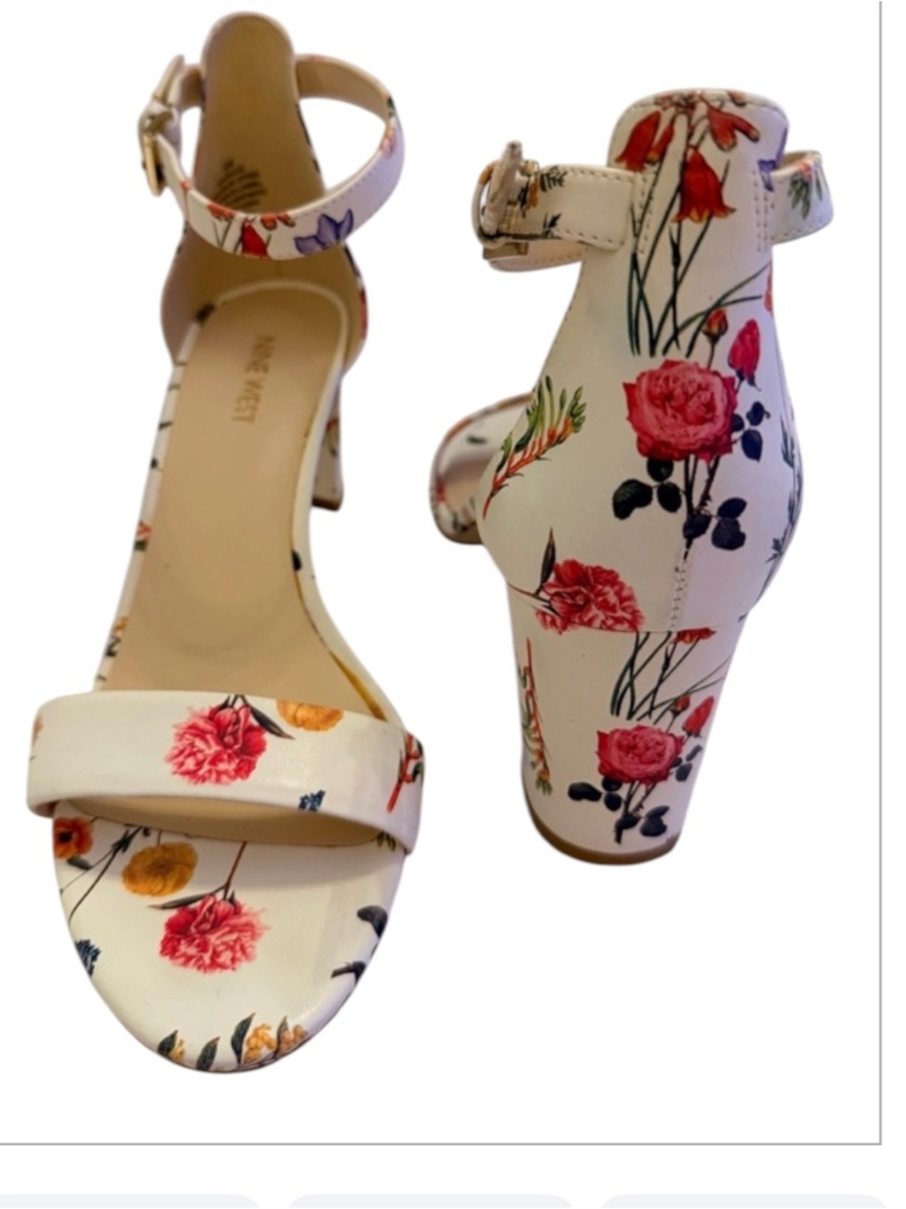 Nine West Ivory Block Floral Heel With Ankle Strap Size 9